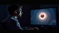 A haloed, creepy cosmic object glows against a dark backdrop as a NASA scientist studies it on a glowing monitor.