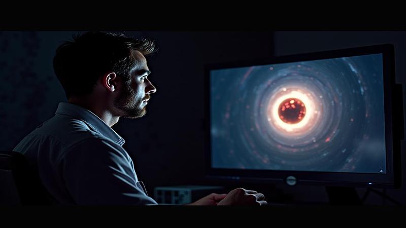 A haloed, creepy cosmic object glows against a dark backdrop as a NASA scientist studies it on a glowing monitor.