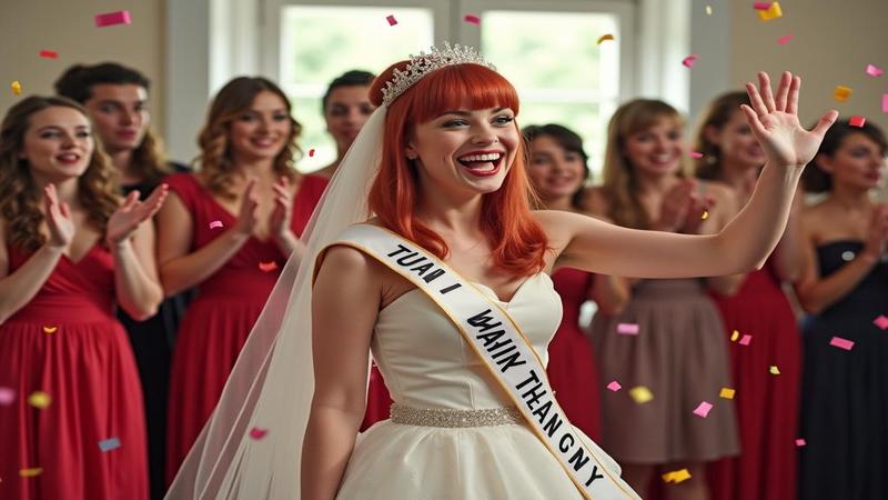 Hayley Williams in a bridal sash, confetti midair, pressing play on a speaker while bridesmaids gasp like a jury hearing the verdict.