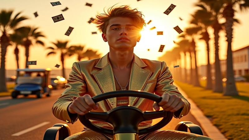 Justin Bieber in a sequined jumpsuit piloting a gold golf cart through palm trees as money-shaped confetti rains down at sunset.