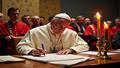 Pope Leo poised over parchment, a gleaming pen mid-flourish, Swiss Guards standing like rainbow pylons, while incense and flashbulbs attempt détente in an operatic briefing room.
