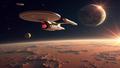 Starship vaulting skyward as Earth pretends this is normal, with Mars lurking like a landlord clutching a clipboard.