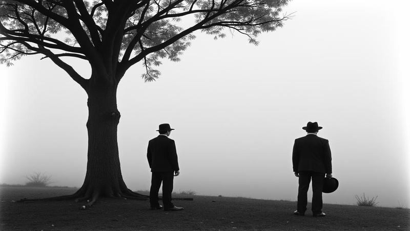 Keanu Reeves and Alex Winter stare optimistically at an invisible horizon under a lonely tree, bowler hats in hand, as existential fog rolls in with perfect comic timing.