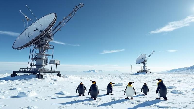 Ground-based antennas under polar sky with penguins in foreground, satirical scene of scientists missing a covert asteroid skimming by closer than a satellite.