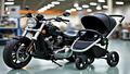 A chrome-studded motorcycle sits beside a brand-new stroller on a factory floor, with paperwork fluttering in the background.