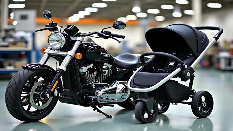 A chrome-studded motorcycle sits beside a brand-new stroller on a factory floor, with paperwork fluttering in the background.