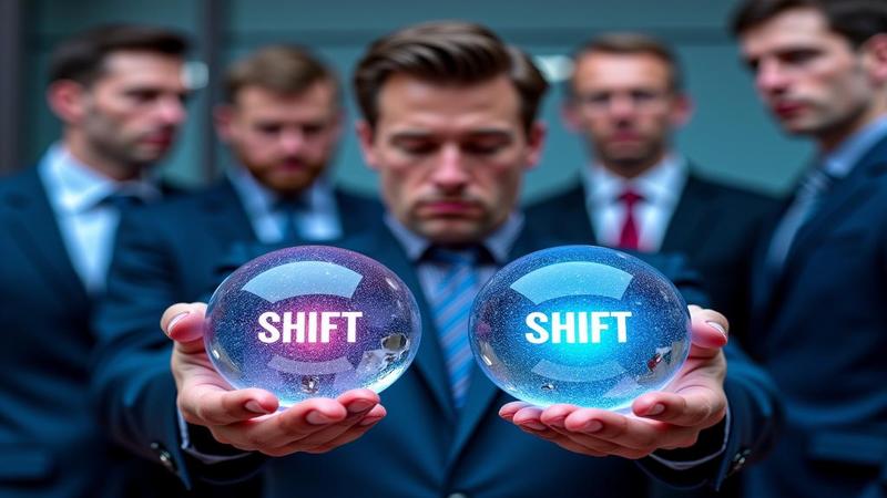 Analysts pose with crystal balls labeled shift and blip as investors look confused.