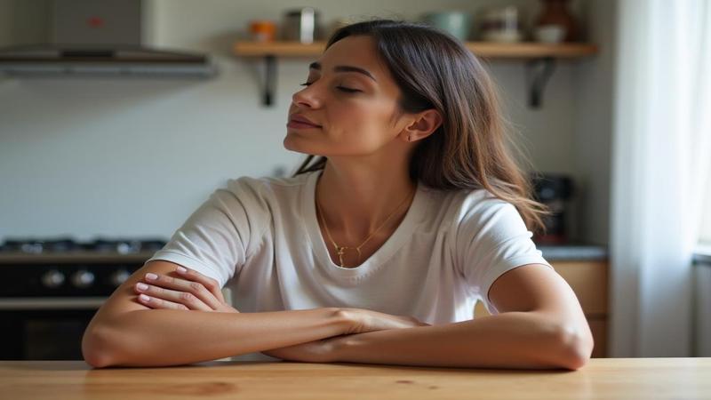 A calm person seated upright at a kitchen table, cuff on bare upper arm, feet flat, eyes closed like they’re negotiating peace with their arteries.