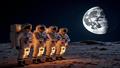 Astronauts pose with a glowingly optimistic mission timeline while the Moon glints in the distance.
