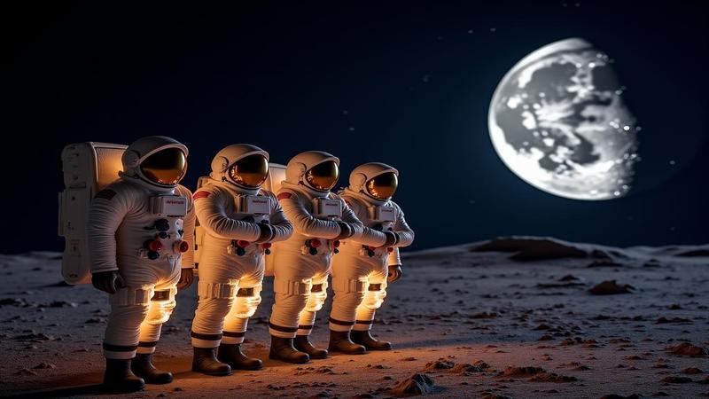Astronauts pose with a glowingly optimistic mission timeline while the Moon glints in the distance.