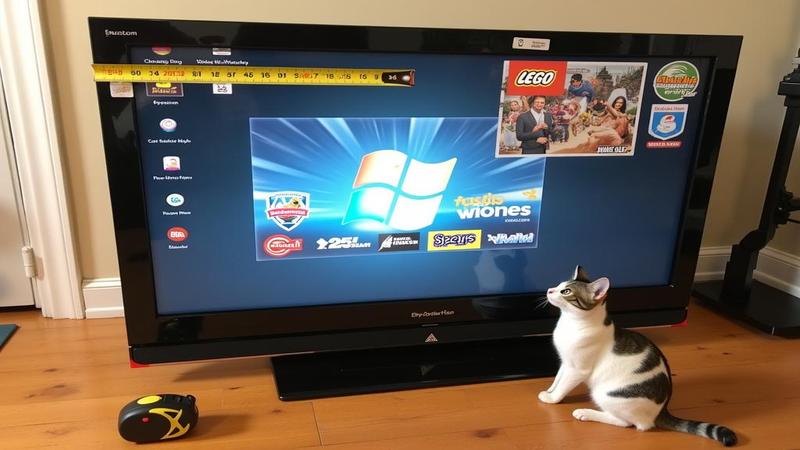 oversized TV box with eBay stickers, a tape measure judging wall space, and a bewildered cat assessing refresh rates.