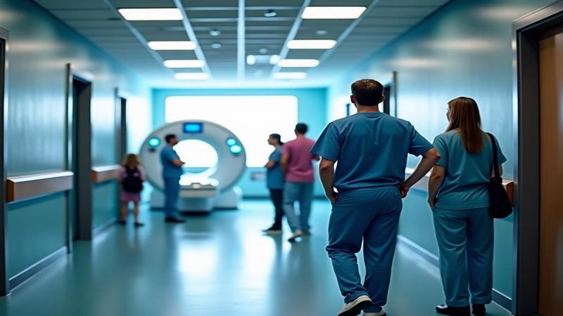 A hospital corridor hums beside a gleaming CT scanner as anxious family members wait in the glow of fluorescent lighting.