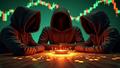 Hooded analysts chant around a glowing GPU on mahogany, price targets hovering like tarot cards under green candlestick charts.