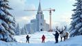 A crane hoists the iconic Kiruna Church above snowy pines as astonished locals consult maps and a very smug reindeer.