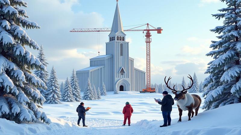 A crane hoists the iconic Kiruna Church above snowy pines as astonished locals consult maps and a very smug reindeer.