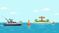 A patrol boat idles beside a buoy line labeled 'Nature Reserve,' while distant islets wear cartoonish ranger hats. The sky looks diplomatic; the water looks sarcastic.