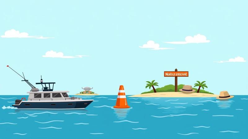 A patrol boat idles beside a buoy line labeled 'Nature Reserve,' while distant islets wear cartoonish ranger hats. The sky looks diplomatic; the water looks sarcastic.