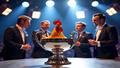 A gleaming UEFA draw bowl under theatrical lights, ball-handling officials staring like sommeliers judging grapes, while a nervous cockerel mascot pretends to understand coefficients.