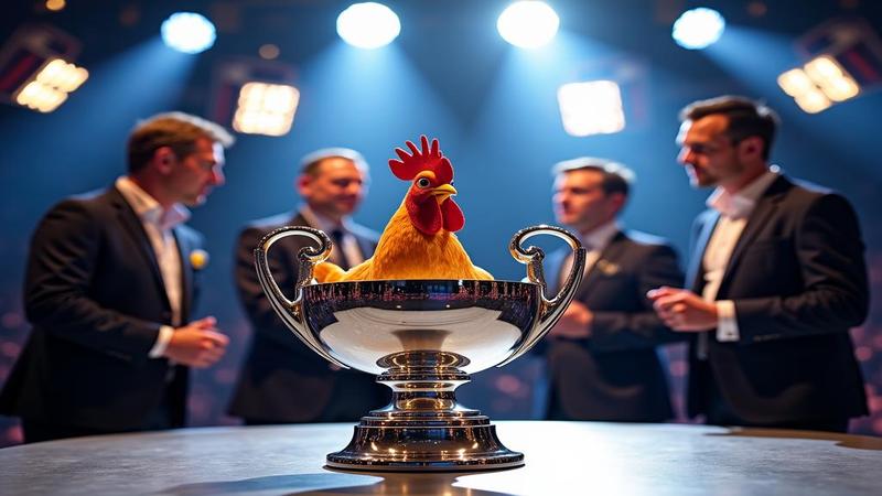 A gleaming UEFA draw bowl under theatrical lights, ball-handling officials staring like sommeliers judging grapes, while a nervous cockerel mascot pretends to understand coefficients.