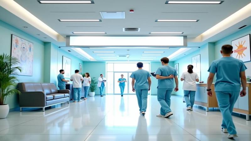Hospital lobby clinic setup with cheerful signs and staff guiding patients
