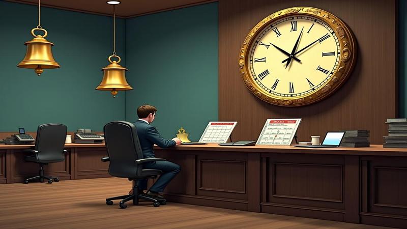 An empty trading floor with a gleaming bell, a compass-themed wall clock, and a lone trader squinting at a calendar like it owes him alpha.