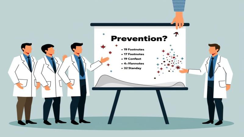 A row of solemn scientists unveiling a whiteboard titled 'Prevention?' with 19 footnotes, confetti cannons on standby, and a hand hovering over an asterisk button.