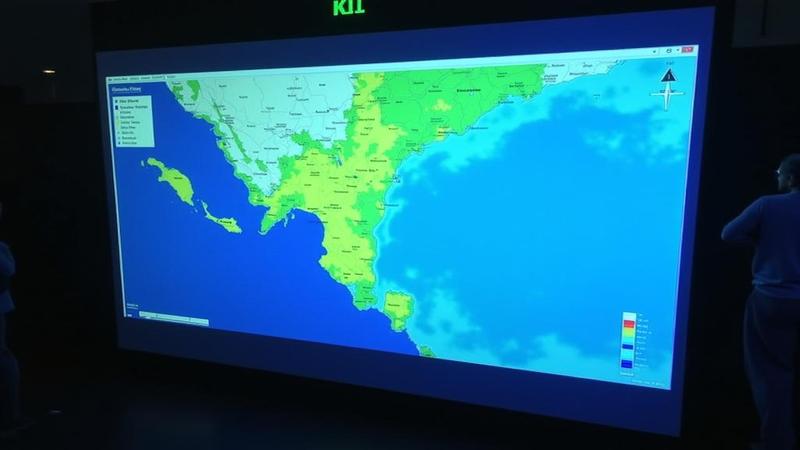 Coastal town evacuation maps glow on a screen as officials pretend the wave never existed, for dramatic effect.
