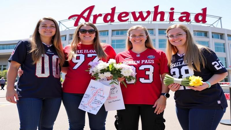 Fans wearing sequins and jerseys outside Arrowhead, holding handmade signs, friendship bracelets, and a novelty goalpost-shaped bouquet.
