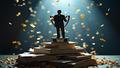 Billionaire silhouette atop ledgers, stock-ticker confetti falling, trophy etched with Adjusted EBITDA glinting beneath fluorescent boardroom lights.