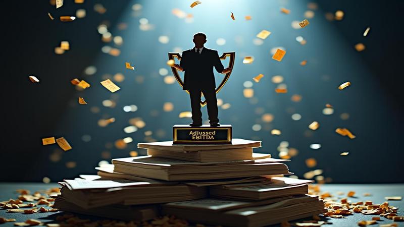 Billionaire silhouette atop ledgers, stock-ticker confetti falling, trophy etched with Adjusted EBITDA glinting beneath fluorescent boardroom lights.