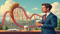 BTC price chart anchors a rollercoaster ride beside a coffee cup and a stoic economist.