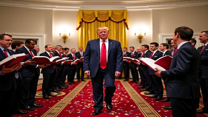Trump on a glittering dais, confetti raining as aides clutch oversized briefing books.
