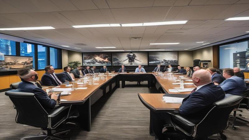 Executives in a boardroom-turned-arena pitch an over-the-top 'fun' fight, foam swords in hand.
