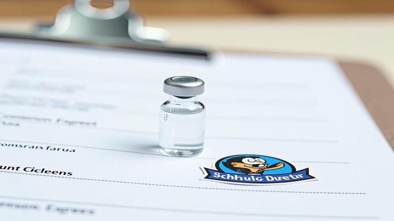 Close-up of vaccine vial beside a clipboard of consent forms and a school mascot sticker.