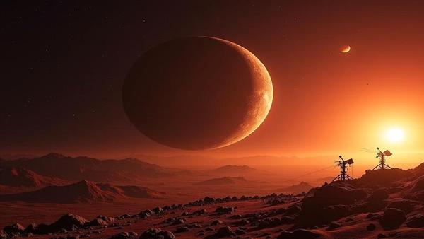 Artist’s impression of Makemake with a faint methane haze, distant sun, and Earthbound telescopes tracing lines toward a tiny red dot.
