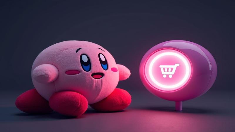 Kirby plush stares at a glowing 'Add to cart' button, utterly convinced it's real.