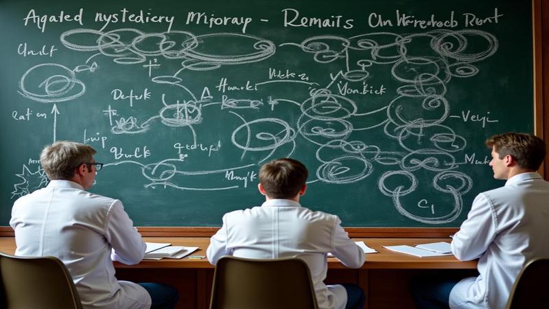researchers in lab coats brainstorm beside a chalkboard mapped with waves, arrows, and a chalk-dusted verdict that mystery remains unsolved.