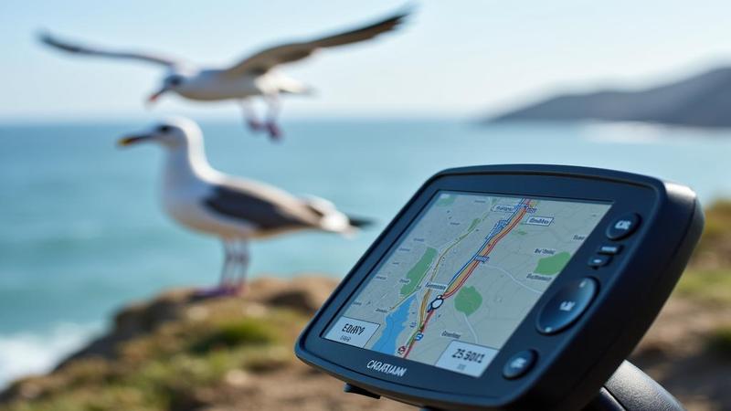 Close-up of a GPS interface confidently routing a walking path straight into the ocean, seagulls watching like jurors.
