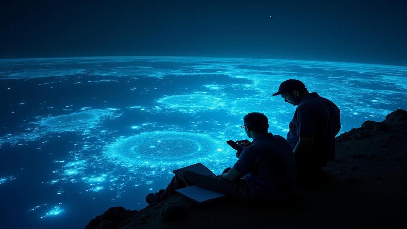 Satellite image shows a neon glow on the ocean surface, with scientists taking notes as if solving a riddle from a grant proposal.