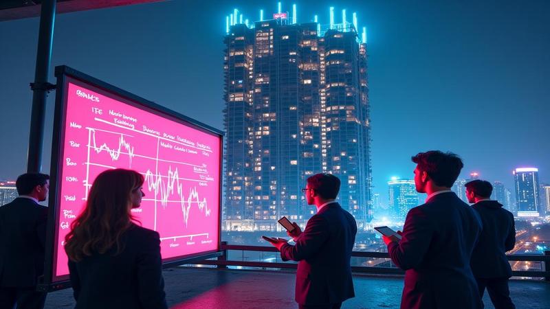 A towering, unfinished condo complex flickers under neon lights as reporters annotate a balance sheet on a whiteboard.
