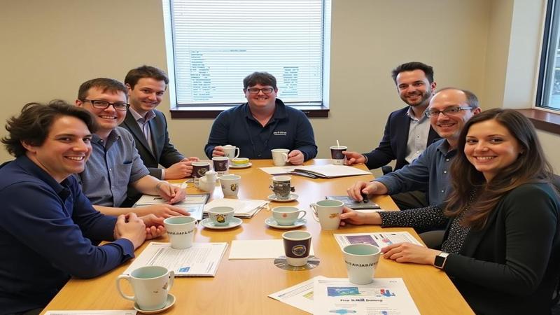 NOAA researchers celebrate the one-forecast milestone with coffee, charts, and a very dramatic waving chart.