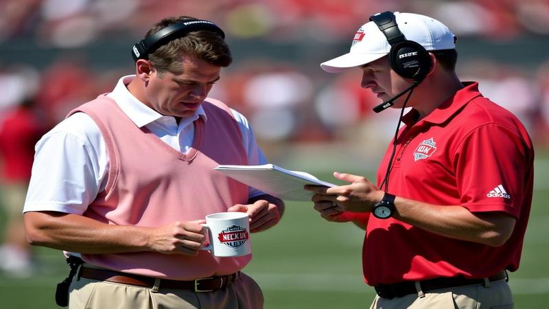 Primary image shows a dejected McMillan on the sideline clutching a coffee mug labeled 'Neck Day' while a trainer consults a playbook.