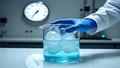 A gloved hand holds a beaker of ice sitting on a lab bench, while a wall thermometer behind it insists on 72°F like a stubborn witness.