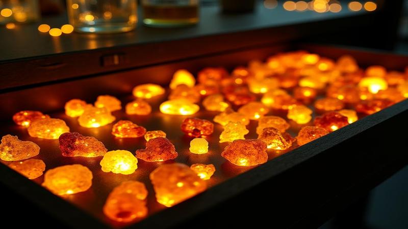A museum drawer filled with labeled amber pieces, each glowing like tiny prehistoric night-lights, awaiting their next existential crisis under lab lamps.
