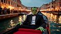 Frankenstein in a tux on a Venetian gondola, paparazzi flashes reflecting off the lagoon, red carpet floating like a defiant raft.