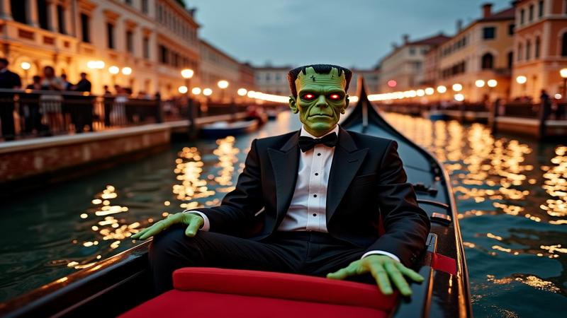 Frankenstein in a tux on a Venetian gondola, paparazzi flashes reflecting off the lagoon, red carpet floating like a defiant raft.