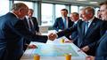 Leaders clasp hands over a port-map, coffee steaming, as shipping routes and bureaucratic weather align.