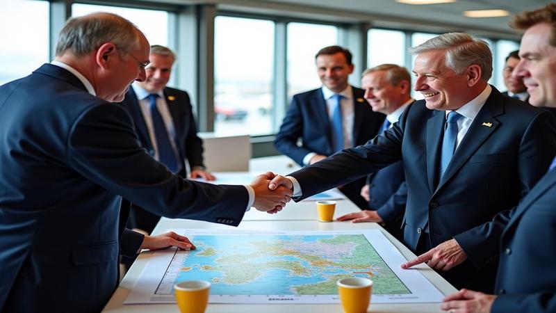 Leaders clasp hands over a port-map, coffee steaming, as shipping routes and bureaucratic weather align.