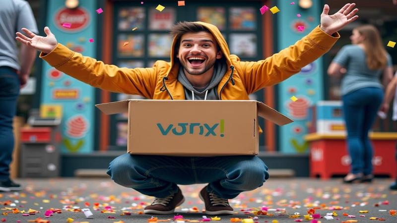 A jubilant fan crouches under a cardboard box outside a game store, celebrating stealth-style as confetti falls.
