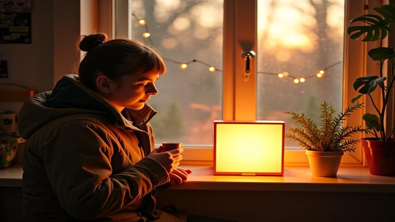 A person in a winter coat basking beside a bright light box like it's a tiny sun, coffee steaming, houseplants judging.